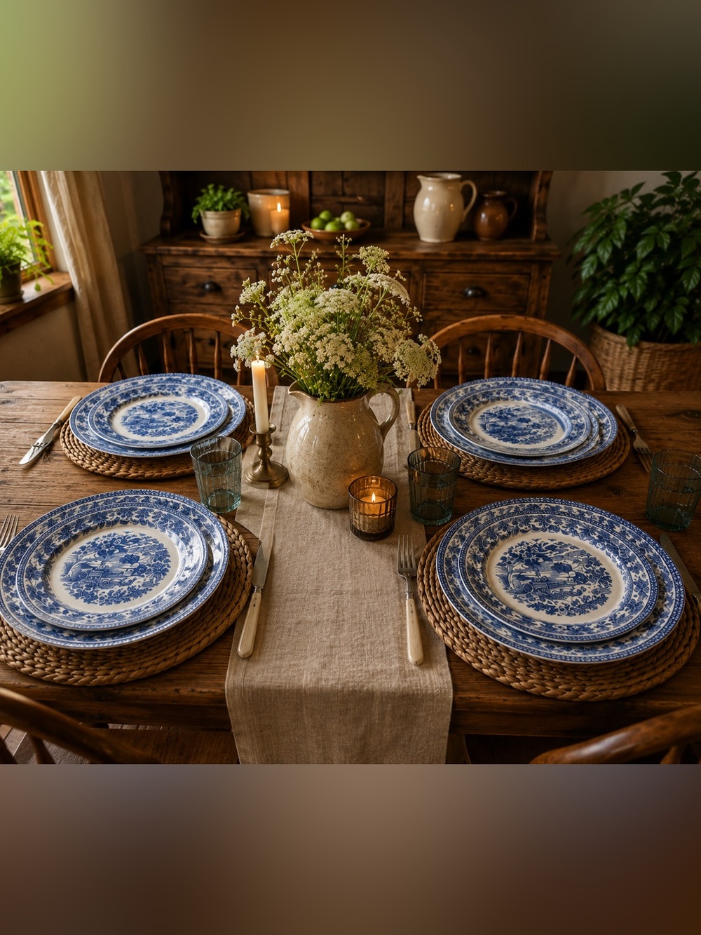 Heritage Blue Floral porcelain China Dinner Set x4